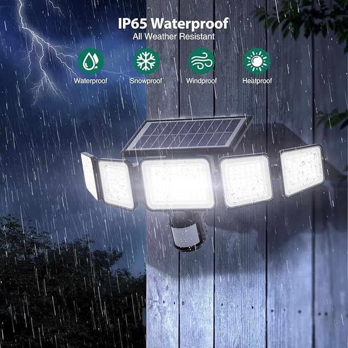 Solar Lights Outdoor 4000LM 236 LEDs Motion Sensor Outdoor Lights, 5 Heads Security Wall Lights,3 Mode, IP65 Waterproof Flood Lights with Remote Control for Garden, Backyard,2 Pack