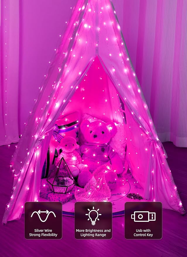 Brightown 300 LED Pink Fairy Curtain Lights, 9.8ft x 9.8ft String Lights, USB Plug in 8 Lighting Modes Christmas String Hanging Lights with Remote for Bedroom Indoor Outdoor Party Xmas Pink 1 Pack