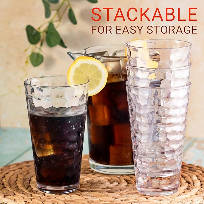 Bravario Hammered Plastic Drinking High Tumbler, Dishwasher-Safe Premium Quality Glasses, BPA-Free Reusable Outdoor Cups, 22 oz Set of 6