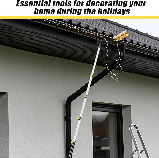 3.2-12 ft Telescopic Extension Pole with Utility Hook, Multi-Purpose Aluminum Pole for Painting, Dusting and New Year Window Cleaning Christmas Lights Installation Without a Ladder(Yellow)