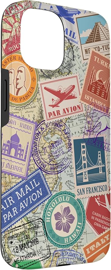 World Map Travel Passport Stamps Postage Stamp Case for iPhone 15