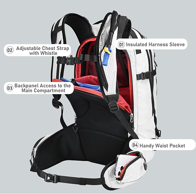 Ski and Snowboard Hydration Backpack, with 2L Water Reservoir and Insulated Harness, 30L Hydration Pack for Skiing, Hiking