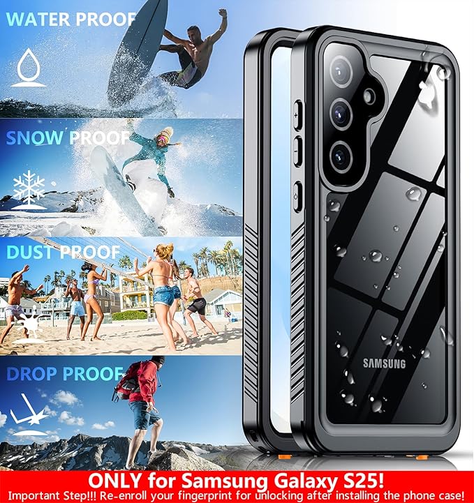 SPIDERCASE Only Designed for Samsung Galaxy S25 Case Waterproof,Built-in [ Screen + Camera Lens Protector][IP68 Underwater] Full Protection Heavy Duty Shockproof Anti-Scratched Phone Case,Black