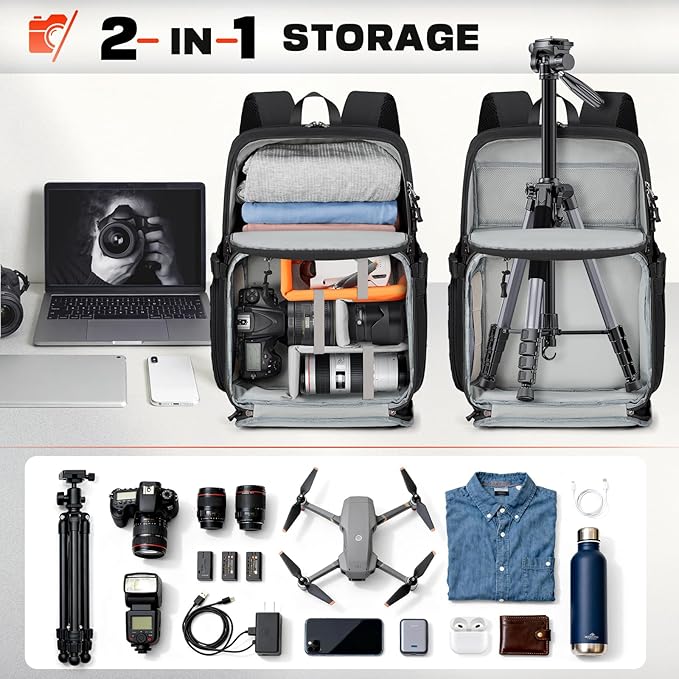 RAINSMORE Camera Bag Backpack for DSLR/SLR/Mirrorless Camera Bags for Photographers 15.6 Inch Waterproof Tactical Photography Case with Rain Cover & Tripod Holder, Black