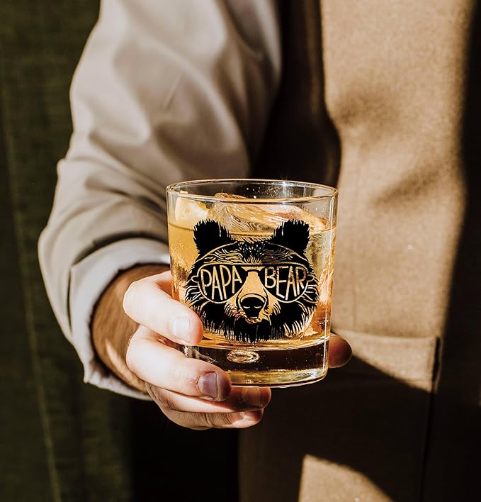 Nogrit Papa Bear Whiskey Glasses 10 oz, Papa Dad Gifts for Father's Day Birthday from Son Daughter Old Fashioned Rocks Glasses for Men Drinking Cocktail Scotch Vodka Tequila Rum