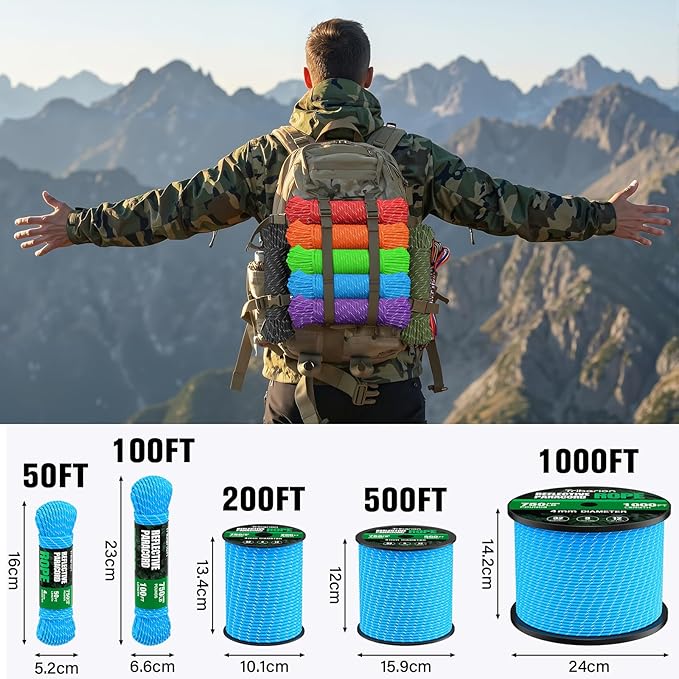 Reflective Paracord Rope 750 lb - 100ft 5/32" Parachute Cord 4MM 12-Strand para Cord - Heavy Duty Spool String for Survival,Camping Gear, Survival Bracelet, Clothesline - Blue