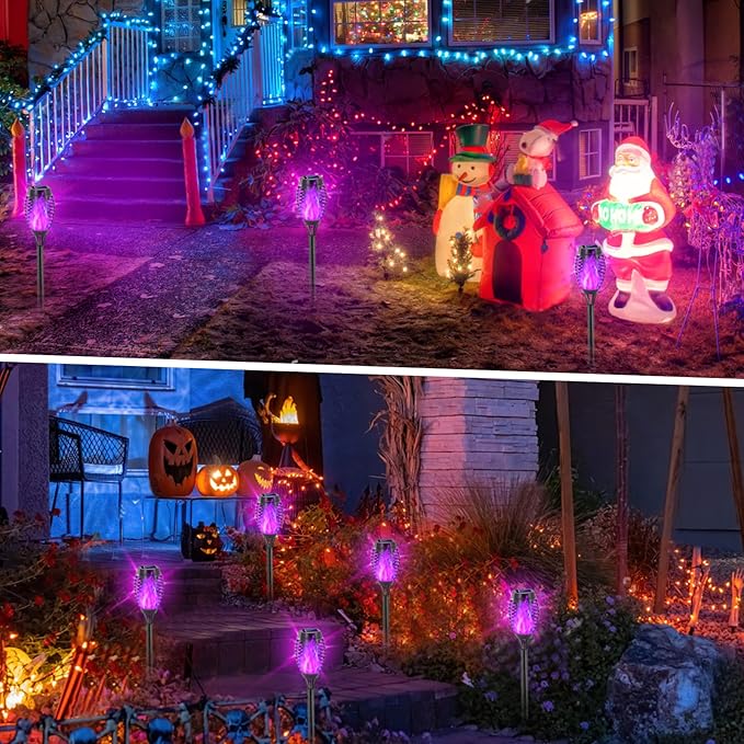 EOYIZW Solar Lights Outdoor, Halloween Decorations Purple Solar Tiki Torches for Outside, 12 Pack Torch Light with Flickering Flame Landscape Outdoor Lights for Yard Patio Garden