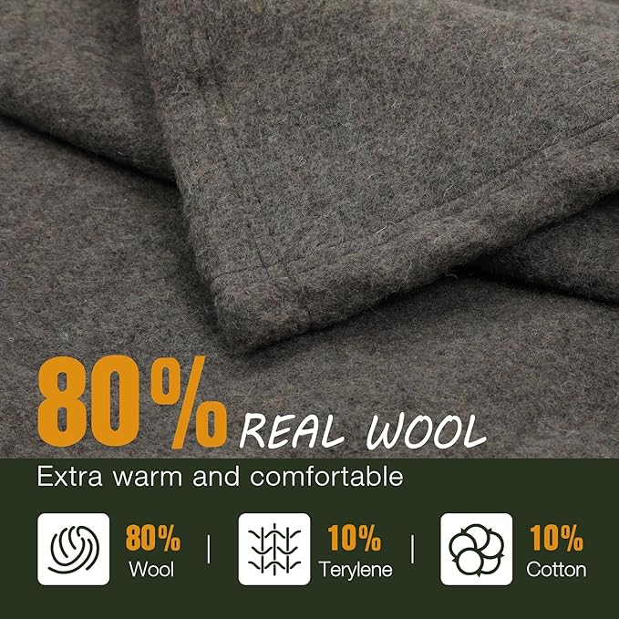 REDCAMP Wool Blanket, Warm and Thick Wool Camping Blanket- Great for Outdoors, Stadium Blanket, Picnics, Travel and Car, Machine Washable 86"x 63" Grey