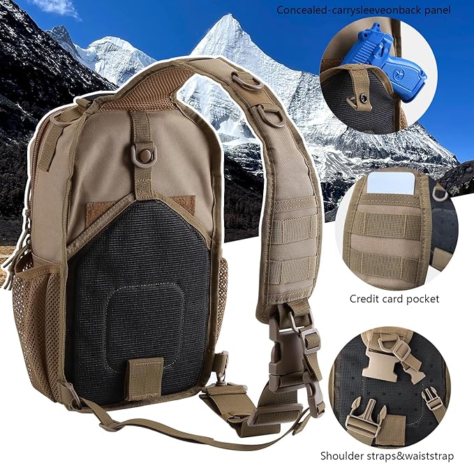 Rover Sling Pack Tactical Shoulder Sling Bag Backpack with Bottle Holder Crossbody Chest Bag, Coyote