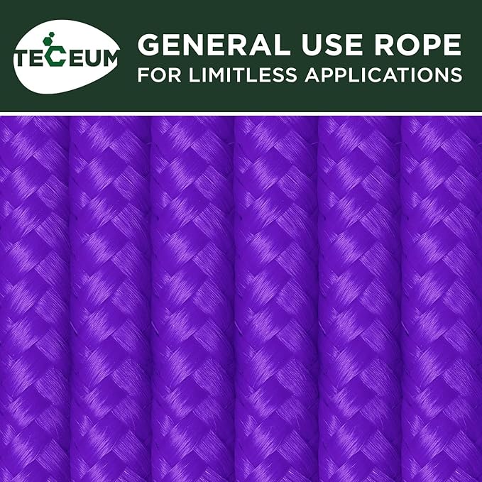 TECEUM Rope – 90 Feet x 1/4 Inch (7mm) – Purple – Strong All-Purpose Utility Rope – Camping, Crafting, Flag Pole, Indoor & Outdoor – Polypropylene Nylon Poly Lightweight Diamond Braided Cord