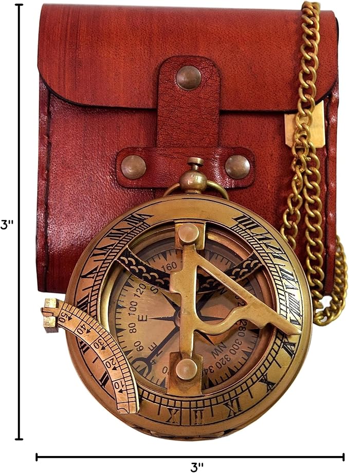 Vintage Brass Sundial Compass with Leather Case – Antique Nautical Navigation Tool, Engraved Marine Compass, Outdoor Hiking Camping Gift for Men, Father, Husband, Explorer