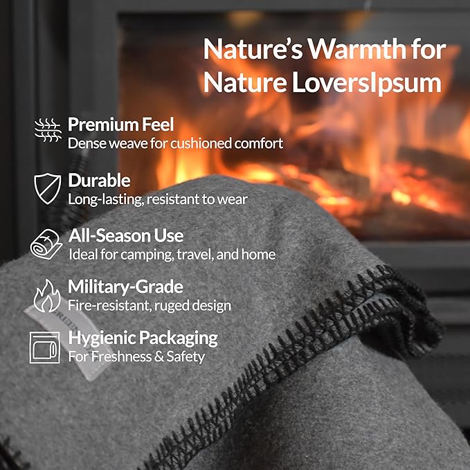 Military Style Wool Blanket – Cushioned, Breathable, Durable, Warm & Washable – Double-Stitched Border– Great for Camping, Outdoor, First Aid, Travel, Car, Fire Retardant – 64"x90" 4.7lb (Olive Green)
