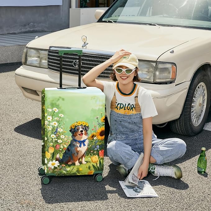 ANNA QUEEN Spring Cute Dog Travel Luggage Cover-Flower Stretchable Airplane Suitcase Protector Sleeve,Universal Washable Fit for 20-26 Inch Checked Baggage,Water Resistant Durable Luggage Protector