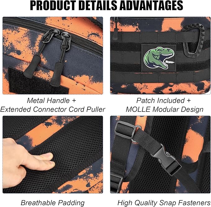 Kids Tactical Backpack Army Molle Bookbag Military Boys Backpack for School, Outdoor, Camping (Includes 2 Patches+1Carabiner), Mars CM