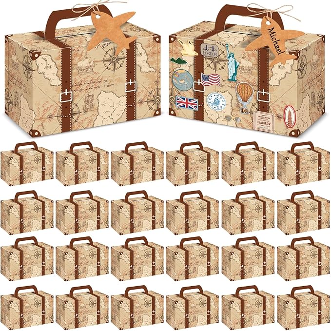 24Pcs Large Suitcase Party Favor Boxes Travel The Map Paper Treat Box with Tags Birthday Supplies Travel Theme Candy Goodie Gift Boxes for Birthday Shower Wedding Vintage Party Table Decoration
