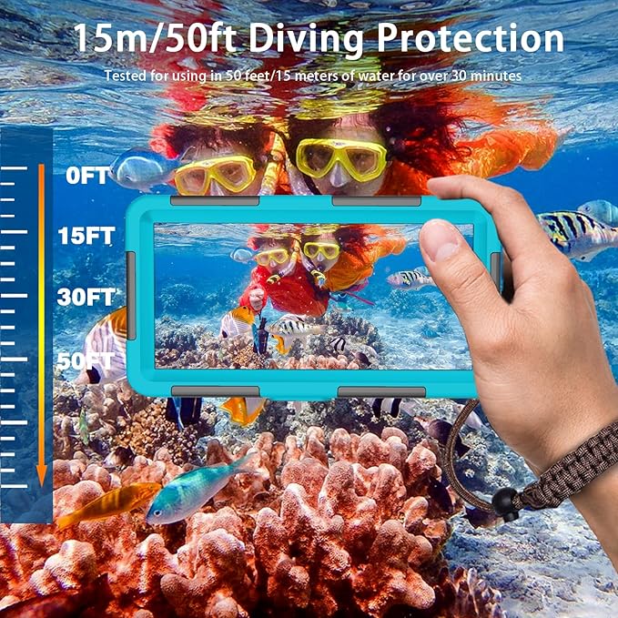 Underwater Phone Case for Snorkeling, [50ft/15M] Professional Deep Diving Waterproof Phone Case for iPhone 17-7 Pro/Pro Max/Plus/Mini, 16/17E, SE 2/3, Galaxy S10-S25 Plus/Ultra, A21-A56 [Blue]