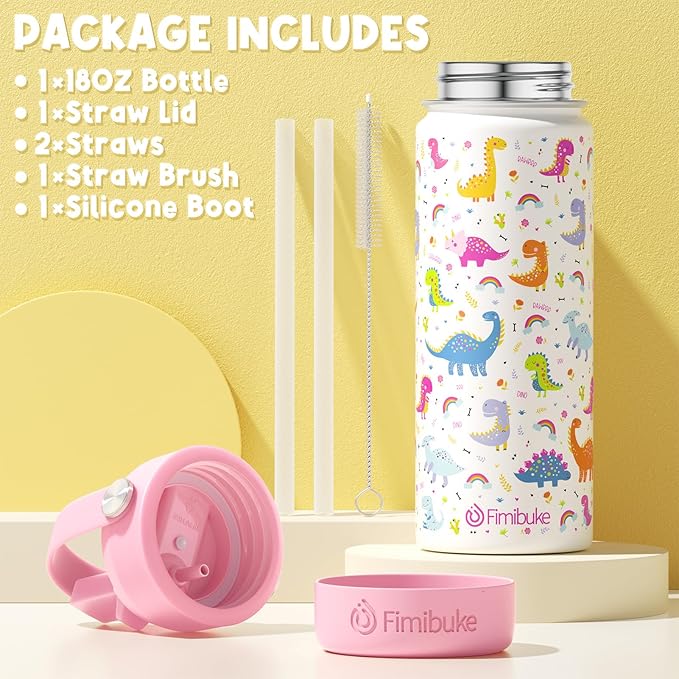 Fimibuke Kids Insulated Water Bottle, 18oz BPA FREE 18/8 Stainless Steel Kid Cup with Straw Travel Tumbler Double Wall Vacuum Leak Proof Toddler Water Bottle for School Boy Girl(1 Pack,White Dinosaur)