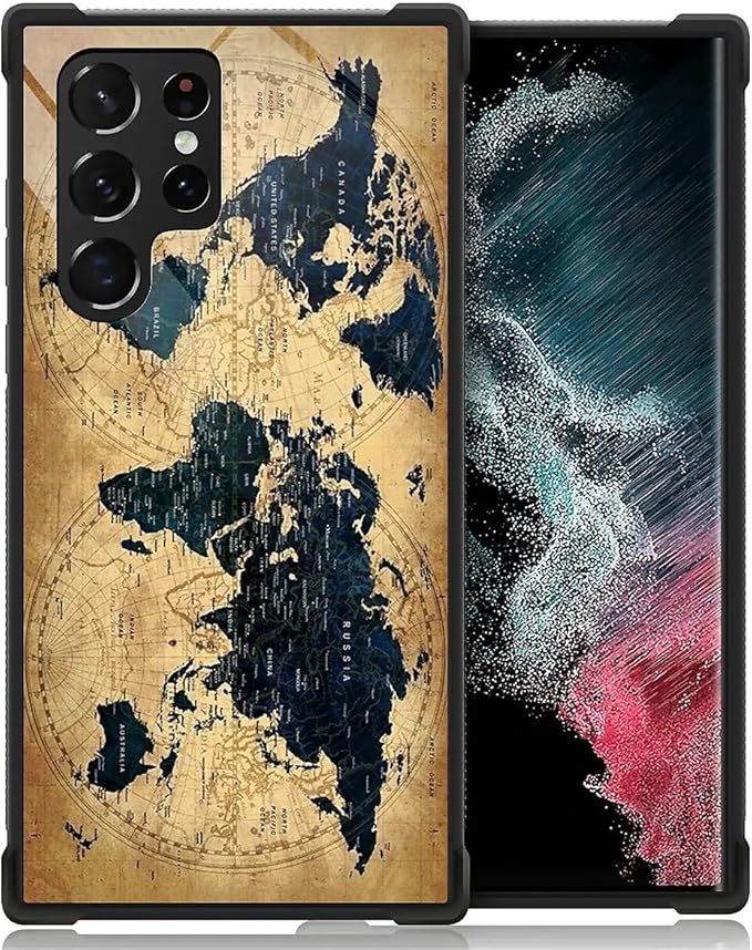 for Samsung Galaxy S22 Ultra Case, Brown World Map Pattern Graphic Design Girl Boy Soft Silicone Hard Acrylic Shock Protection for Samsung Galaxy S22 Ultra