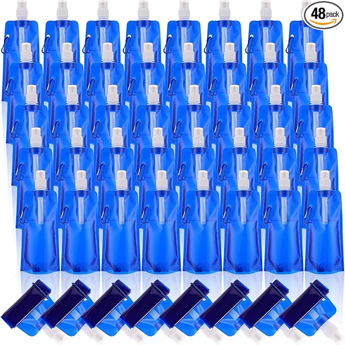 Teenyyou 48 Pack Collapsible Water Bottles Bulk 16oz Foldable Water Bottles with Carabiner Reusable Drinking Leak Proof Container Bags for Sport Biking Hiking Camping Travel Outdoor (Dark Blue)