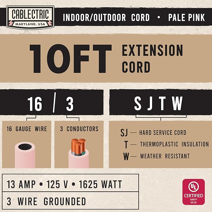 Outdoor Extension Cord 10 ft - 16 Gauge 13 Amp Heavy Duty Power Extension Cords - SJTW - Great for Small Appliances, Outdoor Lights, Garden Supplies - Pink