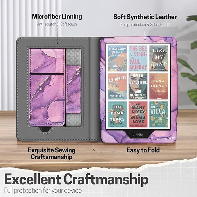 TNP Stand Case with Strap for Kindle Paperwhite 12th Gen 2024 / Kindle Colorsoft Signature Edition - 7" PU Leather Protective Folio Cover with Auto Wake/Sleep & Card Slot, Marble Purple