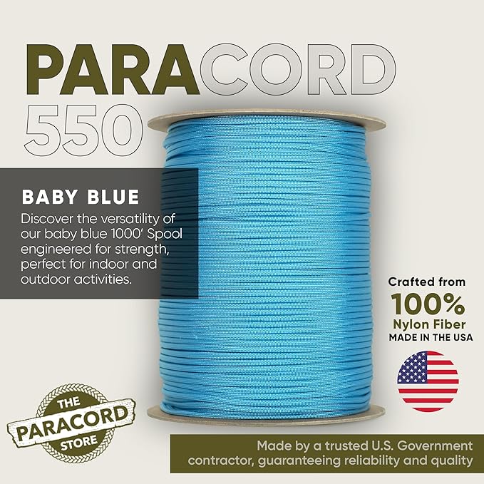The Paracord Store | Type III 550 Paracord - 250 FT Spool, Baby Blue | Heavy Duty 7 Strand Tactical Paracord - USA Made Nylon Outdoor Parachute Cord for Camping, Fishing & More - Survival Cord