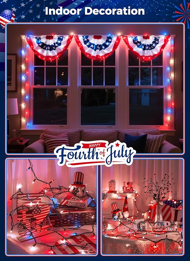 Red White Blue Mini Christmas Lights, 50 Count 4th July Decoration Patriotic Mini String Lights, 13ft Waterproof Lights for Indoor Outdoor Xmas Holiday Party Patio Independence Day Decor, Green Wire