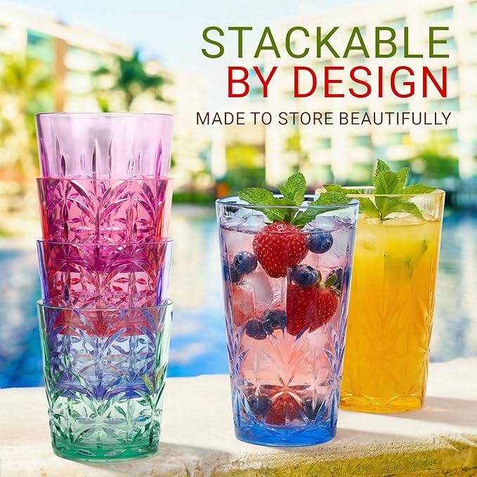 Bravario Royal Plastic Drinking Glasses, 13 and 18 oz Set of 12, Plastic Cups Reusable Dishwasher Safe, Premium Juice & Water Tumblers for Home Kitchen Pool Party, BPA-Free Durable Mixed Colors Gift