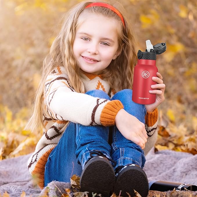 Han's Bottle Kids Water Bottle with Straw Lid - Insulated Stainless Steel Reusable Tumbler for Girls,Boys,Thermo Mug,12oz,Red