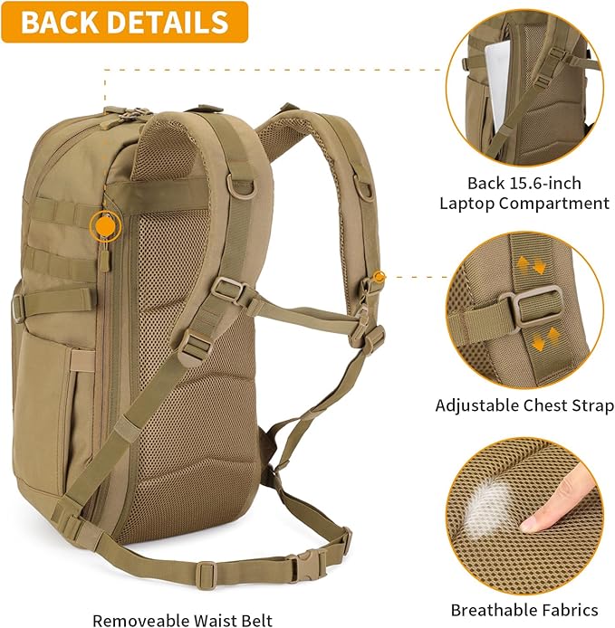 HUNTVP Tactical Backpack for Men 35L Military Backpack MOLLE 1000D Army Daypack 3 Day Bug Out Bag for Work Camping Hiking Outdoor, Brown