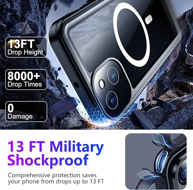 Temdan Compatible with iPhone 13 Case Waterproof, Built-in Screen & Camera Protector IP68 Underwater Full Body 13FT Military Dropproof Shockproof Phone Case 6.1"-Black/Clear-Mag