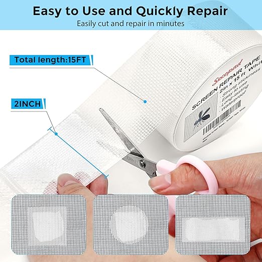 Secopad White Window Screen Repair Tape, 2 in X 15 FT (360IN) Screen Repair Kit for Windows or Doors, Strong Adhesive Screen Patch Fiberglass Screen Tape Mesh Repair