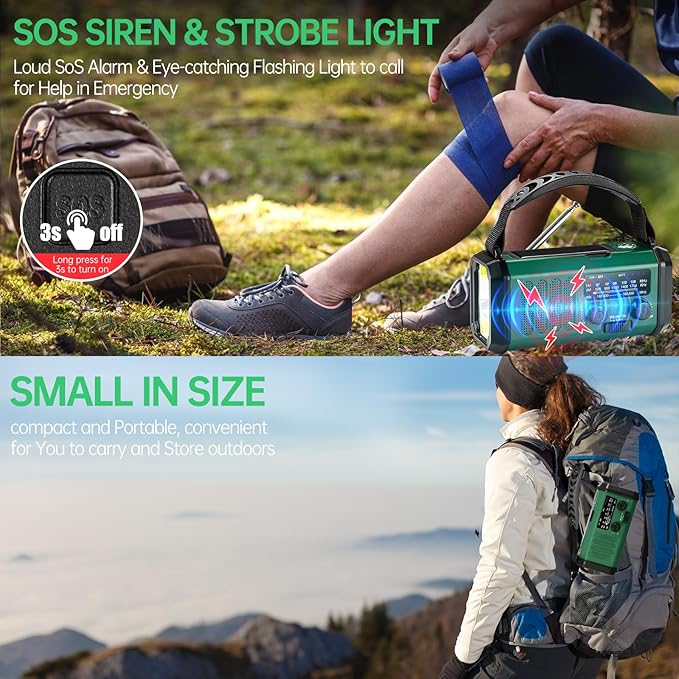 Emergency Radio Hand Crank Solar, AM/FM/NOAA Weather Radio Built-in 20000mah Battery Powered,Type-C Charger,Flashlight, Reading Light,SOS, Compact & Portable for Camping/Emergencies Green