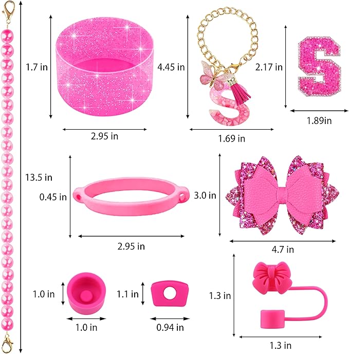 9PCS Hot Pink for Stanley Cup Accessories Set Bling Initials Bow Charms for Stanley Decorations 30/40 Oz Tumbler Accessories Including Bow Straw Topper, Handle Strap, Spill Stopper（Letter S）