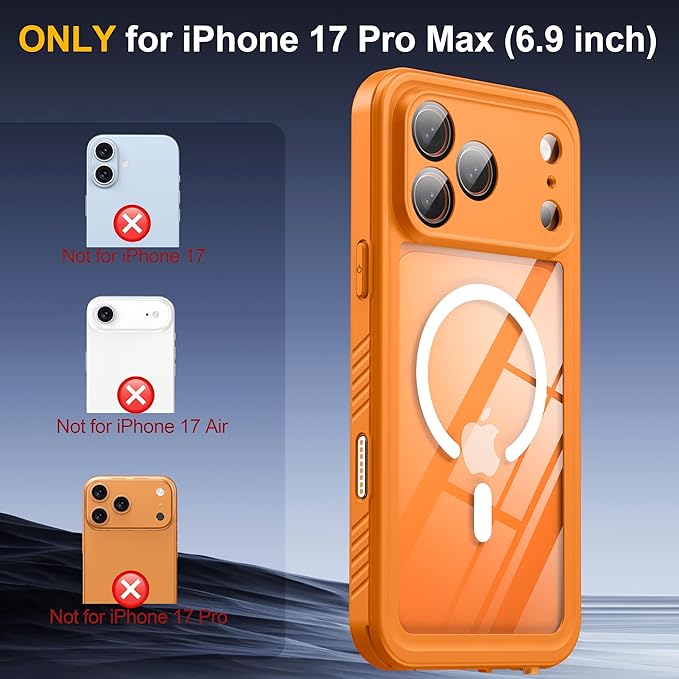 ANTSHARE for iPhone 17 Pro Max Case, Compatible with Magsafe, IP68 Waterproof Case, [Built-in Screen Protector] - 12 FT Military Dropproof - Full Body Heavy Duty Rugged Phone Cover - Orange/Clear