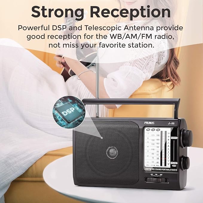 NOAA Weather AM FM Portable Radio with Best Reception, Transistor Radio, 3 X D Battery Operated Radios or AC Power for Household & Outdoor, Plug in Wall by PRUNUS