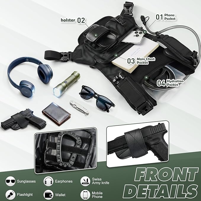 Hydration Running Vest Backpack with 2L Water Bladder - Lightweight & Reflective Chest Pack, Includes Tactical Gun Holster & Free Carabiner for Hiking, Running, Cycling, Marathon (Men & Women)