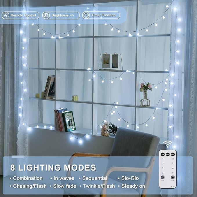 JMEXSUSS 100ft Globe String Lights Indoor Outdoor Waterproof, 200 LED White Christmas Fairy Lights Plug in with Remote, Connectable Hanging Lights for Bedroom Patio Holiday Tree Party Christmas Decor