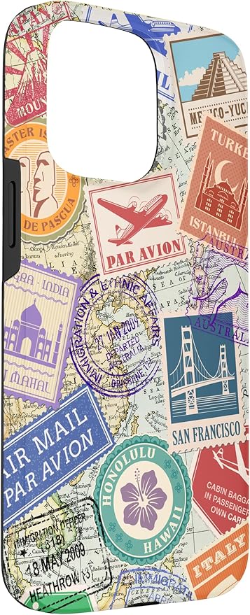 World Map Travel Passport Stamps Postage Stamp Case for iPhone 15 Pro Max