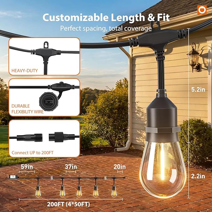 addlon 200FT Outdoor String Lights LED with Remote Dimmable Patio Lights Waterproof Shatterproof Edison Bulb for Outside Backyard Porch Garden Bistro Pergola Party Decor, Warm Ambience Lighting