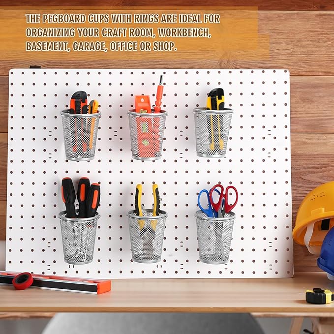 Spakon 6 Sets Pegboard Cups with Ring Hook, Peg Board Baskets Bin Holder Organizer Accessories Pegboard Pencil Cup Multipurpose Metal Pen Holder for Office Garage(Silver,2.56x4.13x3.54'',Regular)