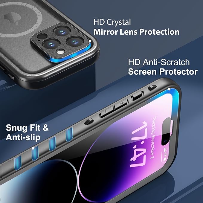 SPORTLINK for iPhone 14 Pro Max Case Waterproof - Buit in Screen Protector [Compatible with MagSafe][IP68 Underwater][6.6FT Military Dropproof][Dustproof] Full Body Shockproof 6.7" Black