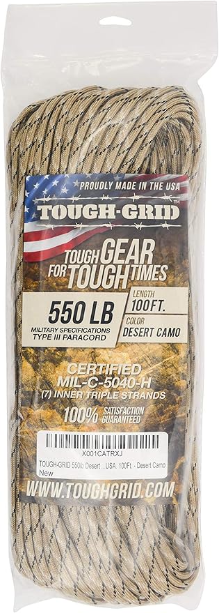 TOUGH-GRID 550 Paracord, Type III Mil-Spec Nylon Rope - 100 Ft Desert Camo Tactical Survival Cord