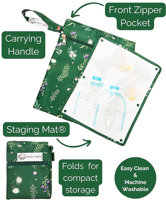Sarah Wells Pumparoo Wet Dry Bag for Breast Pump Parts – Compact Organizer with Waterproof Pocket, Staging Mat & Fridge Hack – Machine Washable Pumping Accessory (Olive You)