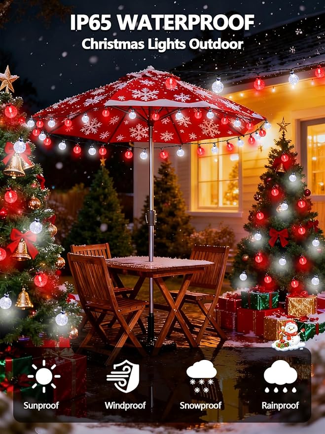 Red and White Solar String Lights Outdoor, Waterproof 2-Pack Total 100 LED 64FT Crystal Globe Solar Lights for Outside, Patio Decorations with 8 Lighting Modes for Xmas Tree Wedding Patio Party
