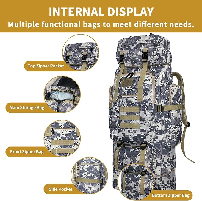 Hiking Backpack, 100L Large Camping Backpack, Expandable Waterproof MOLLE Rucksack, Outdoor Sport Travel Daypack Military Tactical Back pack for Men Women (Camouflage)