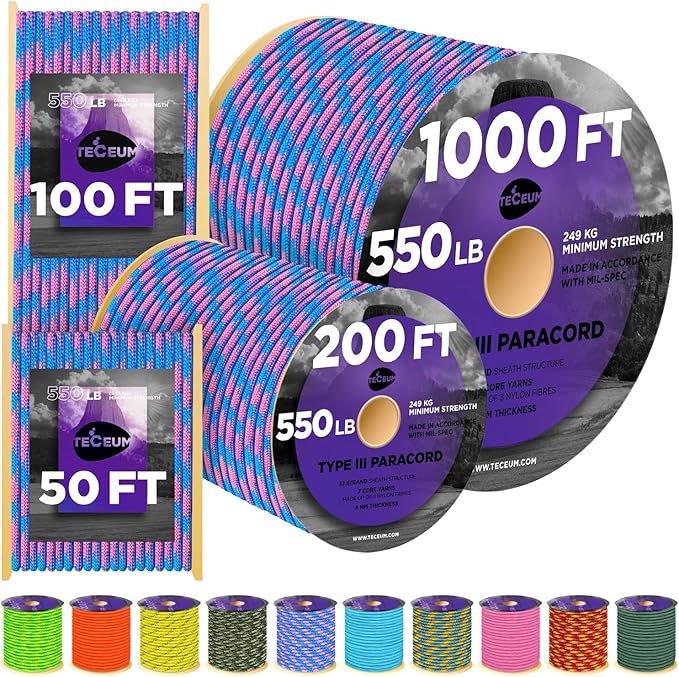 TECEUM Reflective Paracord Rope 1000 – 1000ft/200ft/100ft/50ft – 40+ Colors – Glow in The Dark – para Cord – Utility Rope for Survival, Hunting & Camping Gear – Nylon String, Camping Rope, Tent Cord