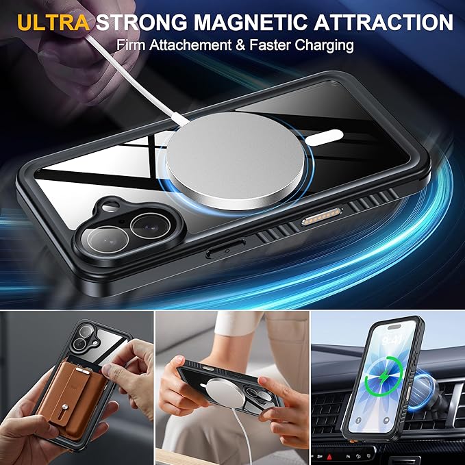 ANTSHARE for iPhone 17 Case, Compatible with Magsafe, IP68 Waterproof Case, [Built-in Screen Protector] - 12 FT Military Dropproof - Full Body Heavy Duty Rugged Phone Cover - Black/Clear