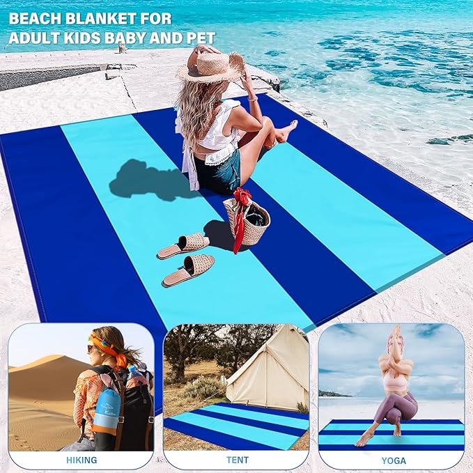 Famstar Beach Blanket Oversized Extra Large 10'X 9',Waterproof Sandproof Beach Blanket 2-8 Adults Lightweight Durable for Travel Camping Hiking Picnic (10'X 9', Blue2)