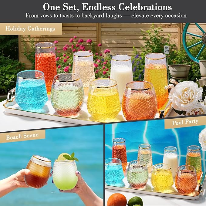 48 Pack Plastic Wine Glasses – 24 x 9oz Stemless Champagne Flutes & 24 x 12oz Disposable Wine Glasses – Plastic Cups with Gold Rim – BPA-Free Drinkware for Weddings, Parties (Gold Rim Hammered)